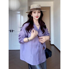 批发高品质韩系木耳边v领显紫色<b class='q'>长袖</b>衬衫女夏季新款显瘦防晒上衣