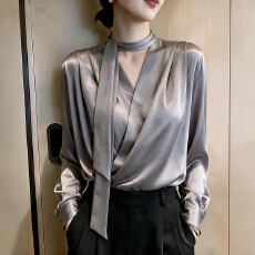批发高品质飘带v领衬衫女长袖设计感小众春秋<b class='q'>女装</b>职业通勤衬衣内搭缎
