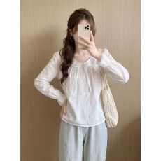 批发高品质白色甜美<b class='q'>娃娃领</b>蕾丝边蝴蝶结长袖<b class='q'>衬衫</b>女秋季宽松上衣