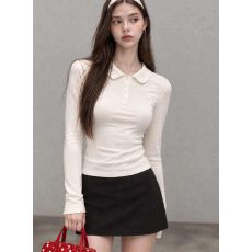 批发高品质早秋新款气质韩系甜美<b class='q'>娃娃领</b>纽扣修身显瘦弹力针织长袖