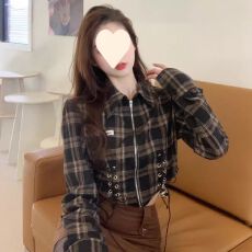 批发高品质春秋新款<b class='q'>格子衬衫</b>女设计感小众春装新款炸街甜辣短款拉链