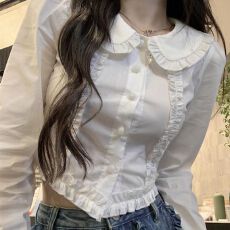 批发高品质不规则短款白色<b class='q'>娃娃领</b>花边设计感修身显瘦衬衣长袖上衣