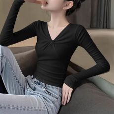 批发高品质黑色<b class='q'>V领</b>扭结长袖T恤女秋冬2026新款韩系气质内搭设计感打