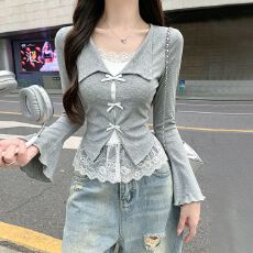 批发z韩系学院风假两件长袖上衣女春秋新款<b class='q'>V领</b>喇叭袖蝴蝶结蕾丝