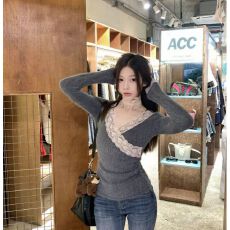 批发高品质纯欲辣妹设计感<b class='q'>V领</b>蕾丝飘带拼接长袖T恤秋季显瘦小众修身