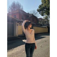 批发高品质天丝美式条纹扭结<b class='q'>v领</b>长袖t恤女秋冬修身甜辣妹打底衫内搭