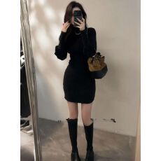 批发高品质韩系复古风气质灯笼袖半高领<b class='q'>连衣裙</b>女秋季设计感褶皱内搭