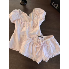 批发夏天可出门短袖短裤<b class='q'>睡衣</b>女2026年新款韩版少女甜美条纹家居服套装