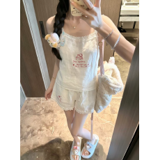 批发可爱少女舒适卡通蕾丝边吊带系列<b class='q'>睡衣</b>女春夏季云朵棉家居服套装