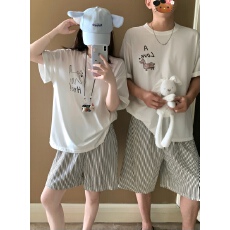 情侣睡衣女夏季短袖纯棉可外穿26新款竖条猫狗套装家居服6535棉