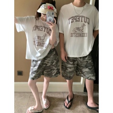 简约休闲情侣睡衣女夏6535棉短袖迷彩短裤套头可外穿家居服套装夏