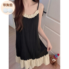 批发黑色花边吊带睡裙女款夏季仿棉提花无袖家居服带胸垫无袖中长睡衣