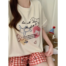 批发韩系ins卡通<b class='q'>可爱</b><b class='q'>睡衣</b>女夏季新款休闲圆领短袖格子短裤家居服套装