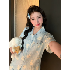 批发馨帮帮 可爱兔子睡衣裤套装夏季薄款短袖<b class='q'>开衫</b>短裤家居服两件套女