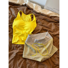 批发韩系甜美黄色带胸垫吊带睡衣女夏季背心条纹短裤家居<b class='q'>服</b>套装可出门