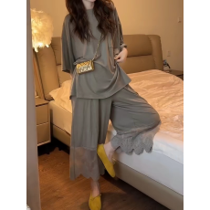 韩系慵懒风仿棉短袖睡衣女夏季新款蕾丝拼接长裤家居服套装外穿