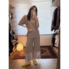 批发韩系慵懒风仿棉短袖睡衣女夏季新款蕾丝拼接长裤家居服套装外穿