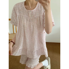 批发软糯甜美粉色小<b class='q'>碎花</b>睡衣女夏季大码套装可外穿宽松短袖<b class='q'>短裤</b>家居服