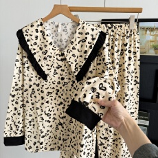 批发实拍 豹纹荷叶边学生家居服娃娃领可爱休闲<b class='q'>睡衣</b>长袖长裤两件套