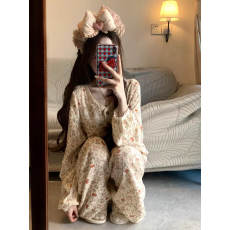 批发奶杏碎花树皮皱长袖睡衣套装女夏季薄款长裤家居<b class='q'>服</b>两件套可外穿