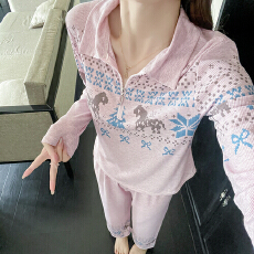 批发2026年秋季款费尔岛风莫代尔睡衣套装女复古翻领拉链家居服可外穿