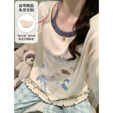 批发秋季款可爱假两件长袖长<b class='q'>裤</b>睡衣女带胸垫<b class='q'>一体</b>甜美风花边家居服套装