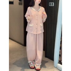 批发韩系<b class='q'>睡衣</b>女春秋冬带胸垫云朵棉甜美木耳花边长袖<b class='q'>家居服</b>可外穿套装