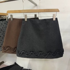 批发<b class='q'>秋</b>冬新款洋气高腰显瘦木耳边半身裙A字裙羊毛料裙裤花边毛呢短裙