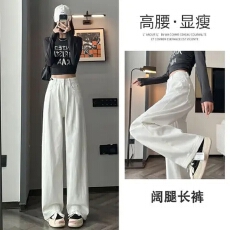 批发褶皱直筒白色牛仔裤女高腰<b class='q'>大码</b>胖mm阔腿<b class='q'>长裤</b>宽松小个子梨形拖地裤