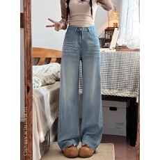 批发浅色阔腿牛仔裤女秋季新款高腰<b class='q'>胖</b><b class='q'>mm</b><b class='q'>显瘦</b>大码梨型身材宽松直筒裤子