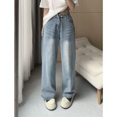 2025新款复古浅蓝色牛仔裤女小个子高腰显瘦拖地宽松阔腿直筒长裤
