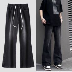 批发春夏新款男女美式高街<b class='q'>微喇</b>叭<b class='q'>牛仔裤</b>宽松复古水洗百搭松紧腰橡筋裤