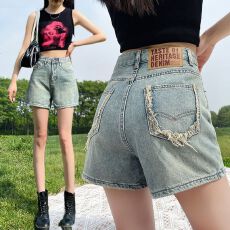 批发港风蓝色高腰直筒牛仔裤女夏季新款大码胖mm宽松显瘦阔腿热裤短…