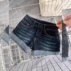 批发翻边深蓝色牛仔美式短裤卷边夏季辣妹高腰显瘦弹力直筒紧身<b class='q'>热裤</b>