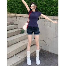 批发欧美辣妹翻边深蓝色牛仔超短裤女夏季新款显瘦高腰<b class='q'>休闲</b>直筒<b class='q'>热裤</b>潮