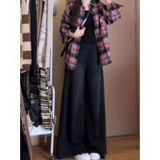 批发阔腿毛边牛仔<b class='q'>裤</b>女秋季胖mm显瘦<b class='q'>裤</b>子梨形身材高腰拖地<b class='q'>裤</b>
