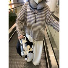 批发实价 条纹喇叭长袖防晒T恤女秋薄款宽松慵懒风罩衫上衣