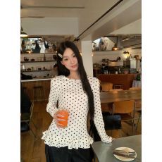 实价 长袖t恤女2025秋季打底衫韩系穿搭设计感波点白色上衣