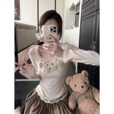 批发实价 纯欲风小狗蕾丝拼接<b class='q'>女装</b>秋季别致修身显瘦内搭上衣