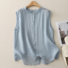 批发新款夏季薄款无袖衬衫女麻料上衣小个子高端棉麻亚麻外穿背心
