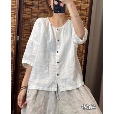 批发棉麻衬衫女圆领纯色休闲百搭宽松显瘦新款透气中袖衬衣女