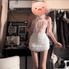 批发纯欲风蝴蝶结粉色皮草挂脖小背心女秋季新款辣妹短款外穿无袖上衣