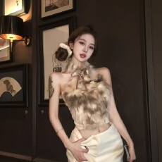 批发蝴蝶结毛毛背心女秋冬季新款性感纯欲修身无袖外穿短款辣妹上衣潮