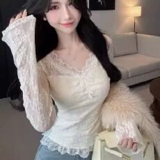 批发纯欲风蕾丝长袖<b class='q'>衬衫</b>女春夏新款蝴蝶结修身收腰显瘦内搭打底衫上衣