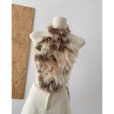 批发2025年春季新款女装纯欲辣妹气质毛毛拼接上衣短款蝴蝶结挂脖背心