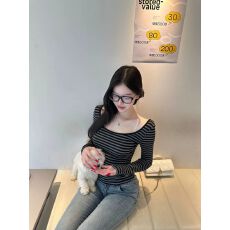 新款撞色复古打底条纹女装露背秋季绑带修身设计高级长袖T恤上衣