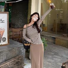 批发韩系温柔风斜肩天丝长袖<b class='q'>t</b><b class='q'>恤</b>女2025新款爆款独特漂亮绝美打底上衣