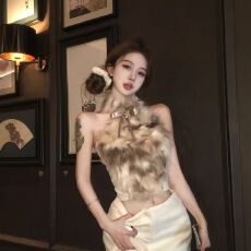 批发蝴蝶结毛毛背心女秋冬季新款性感纯欲<b class='q'>修身</b>无袖外穿短款辣妹上衣潮