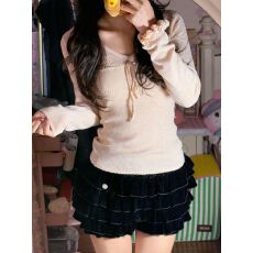 批发韩系甜美系带<b class='q'>v领</b>长袖女秋冬纯欲风镂空设计感超好看内搭上衣