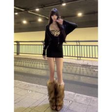 批发美式辣妹豹纹荡领长袖连衣裙女早秋季御姐气质性感纯欲包臀短裙子